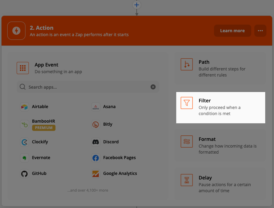 How to select Filter by Zapier in the Zap editor. A box highlights the option in the right-hand corner.