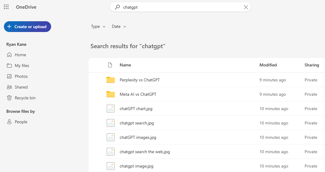 Screenshot of OneDrive's search function