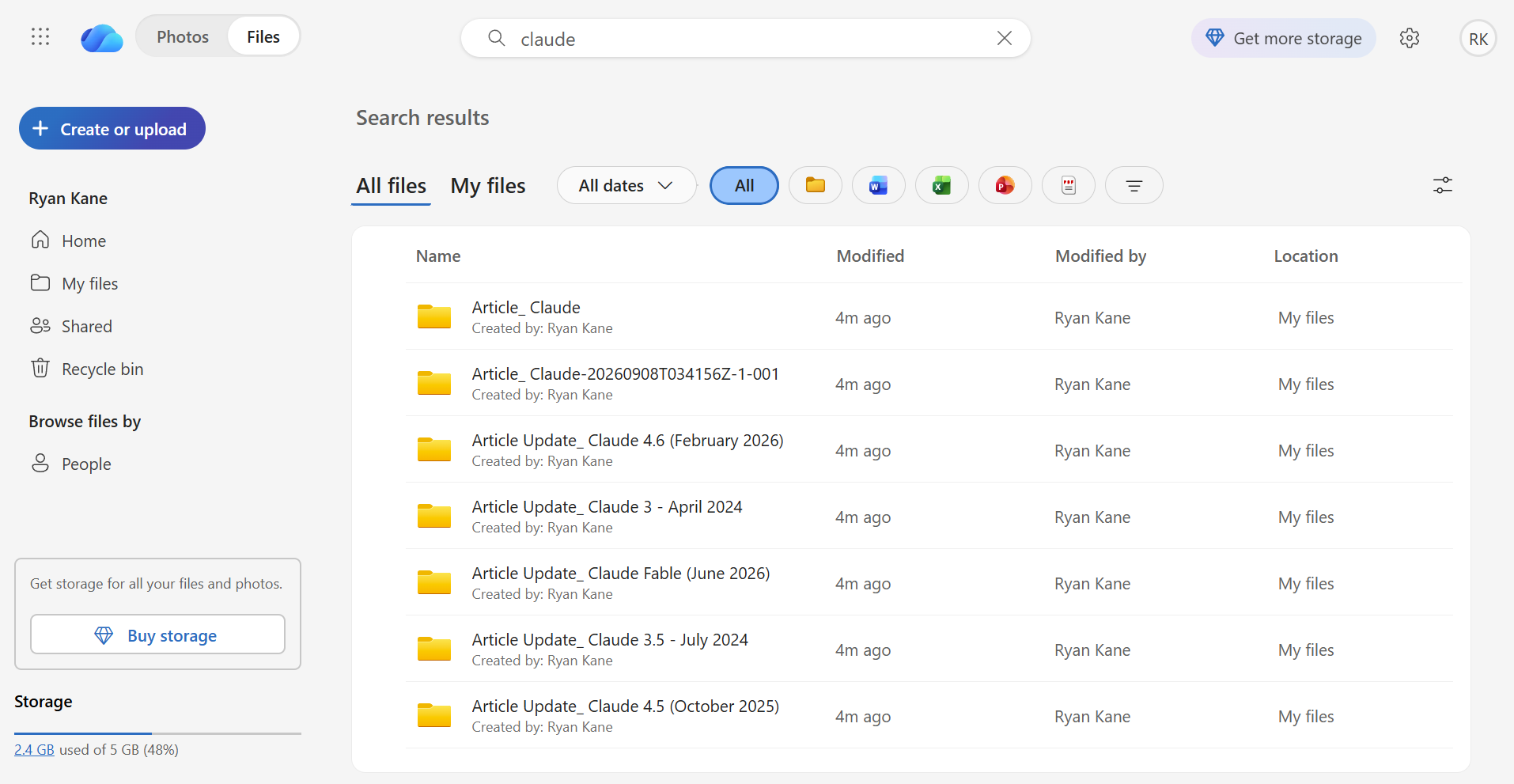 Screenshot of OneDrive's search function