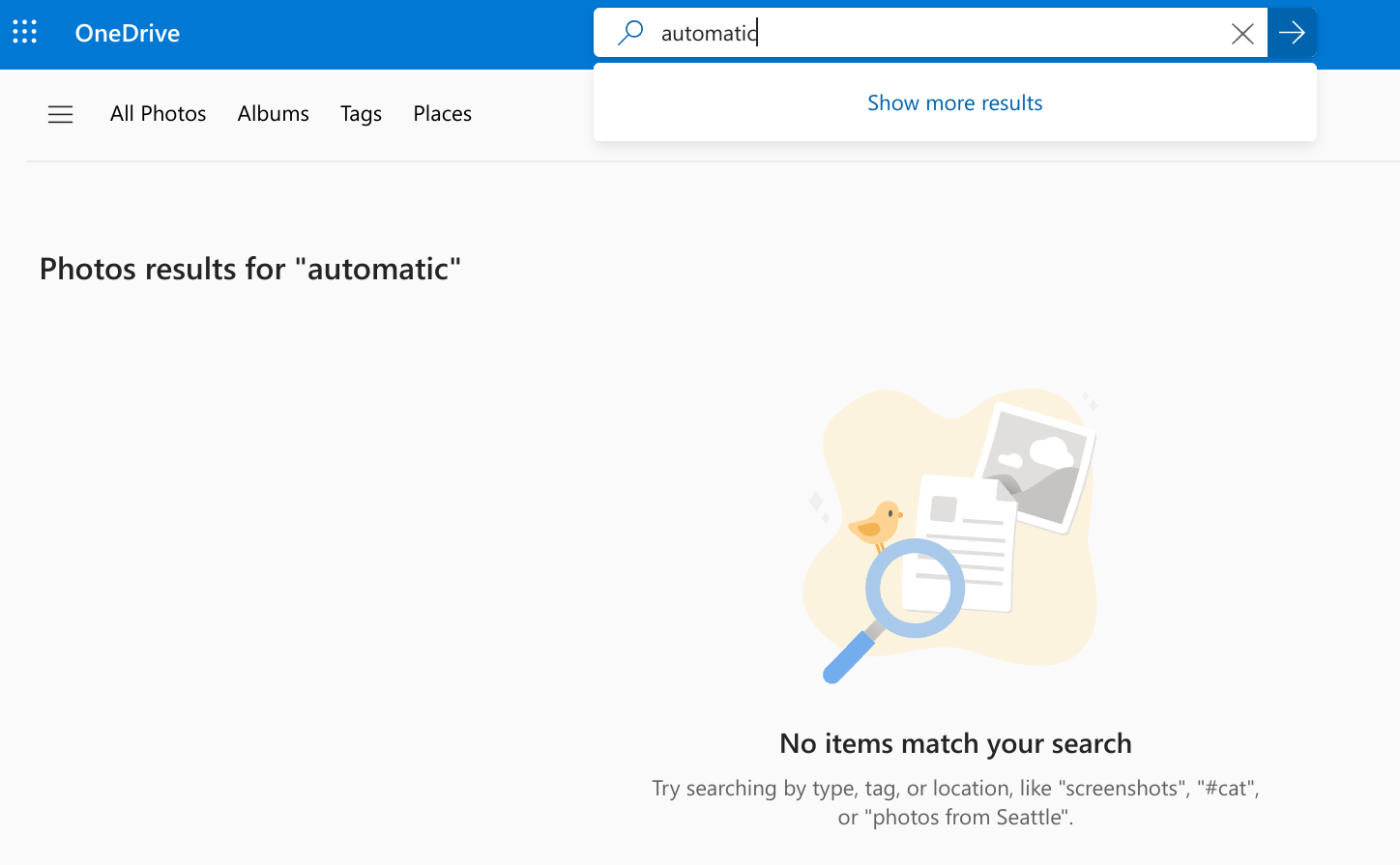 Screenshot of OneDrive's search function