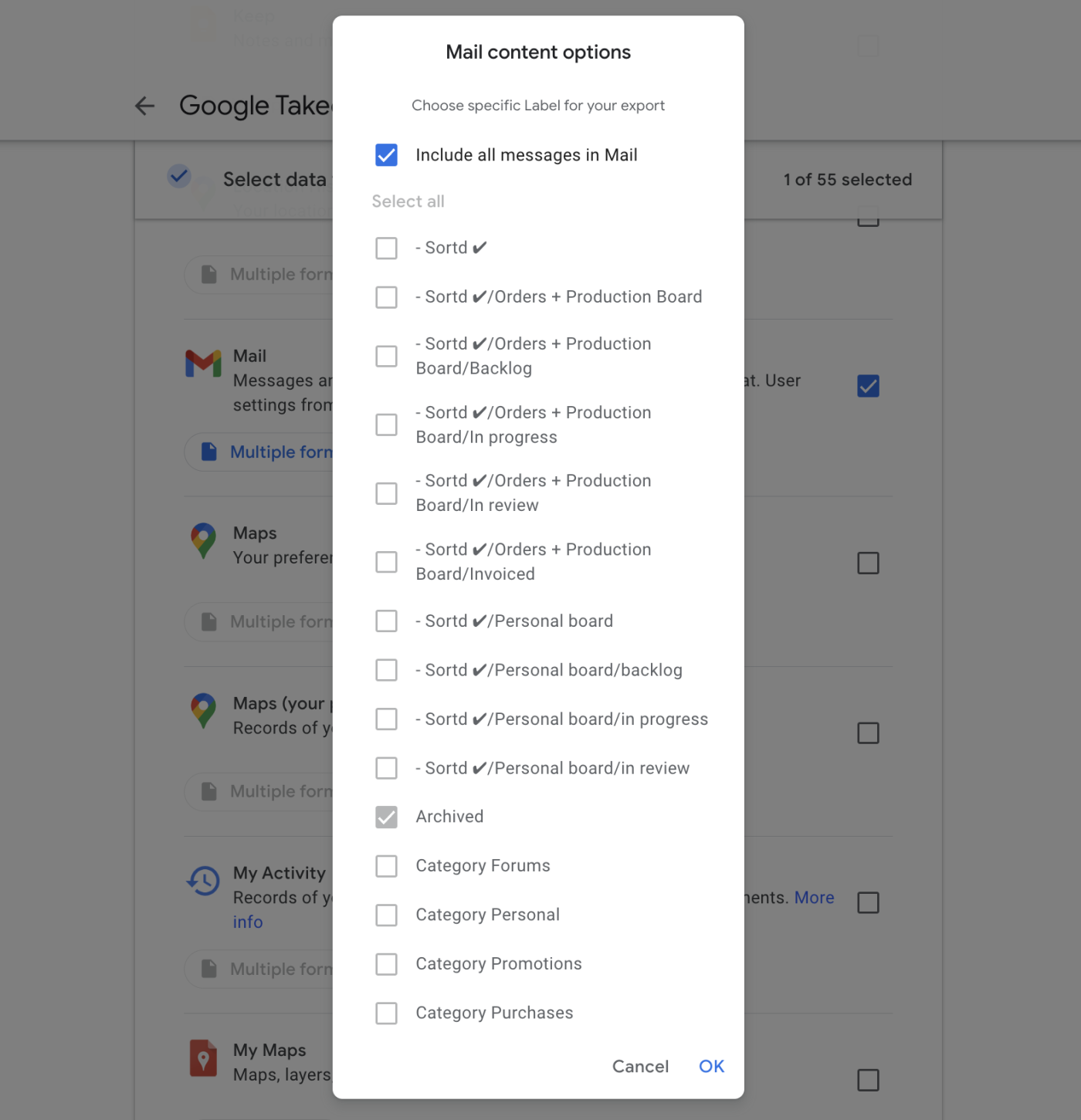 Opciones de contenido de correo en Google Takeout.