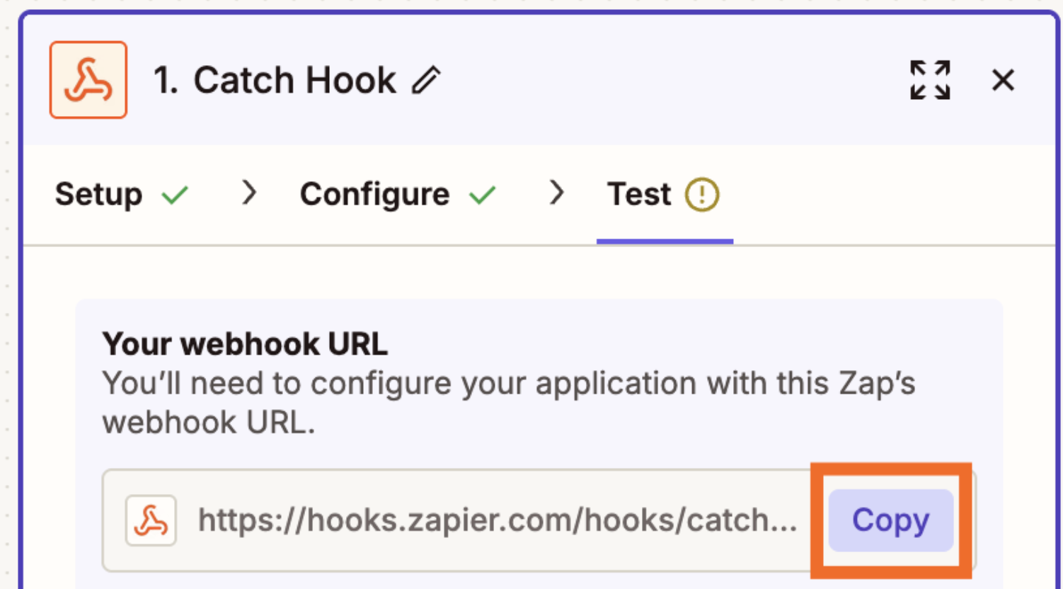 Zapier Catch Hook setup showing webhook URL with a highlighted Copy button