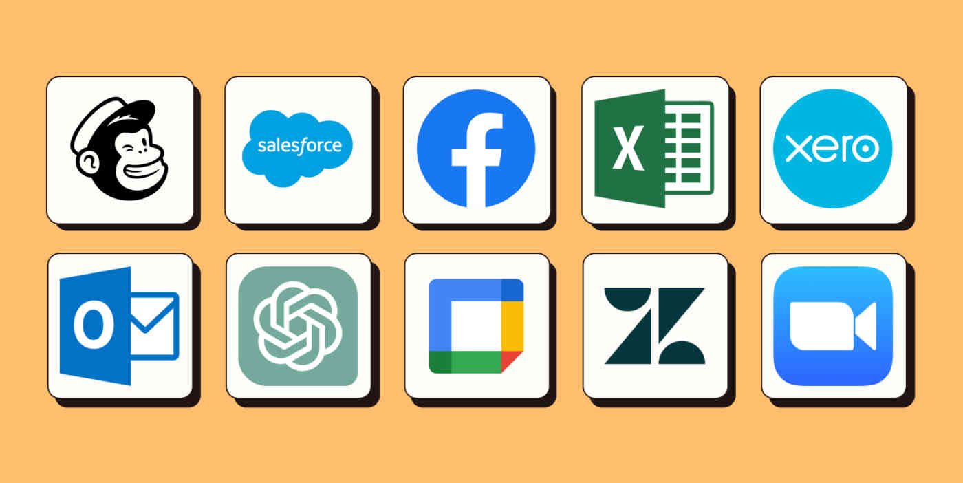 Side-by-side logos of 10 updated Zapier app integrations, including Mailchimp, Salesforce, Facebook, and Microsoft Excel