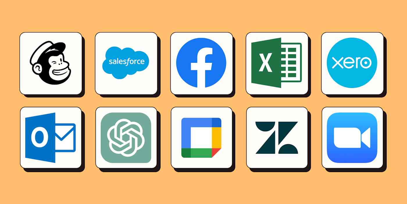 Side-by-side logos of 10 updated Zapier app integrations, including Mailchimp, Salesforce, Facebook, and Microsoft Excel