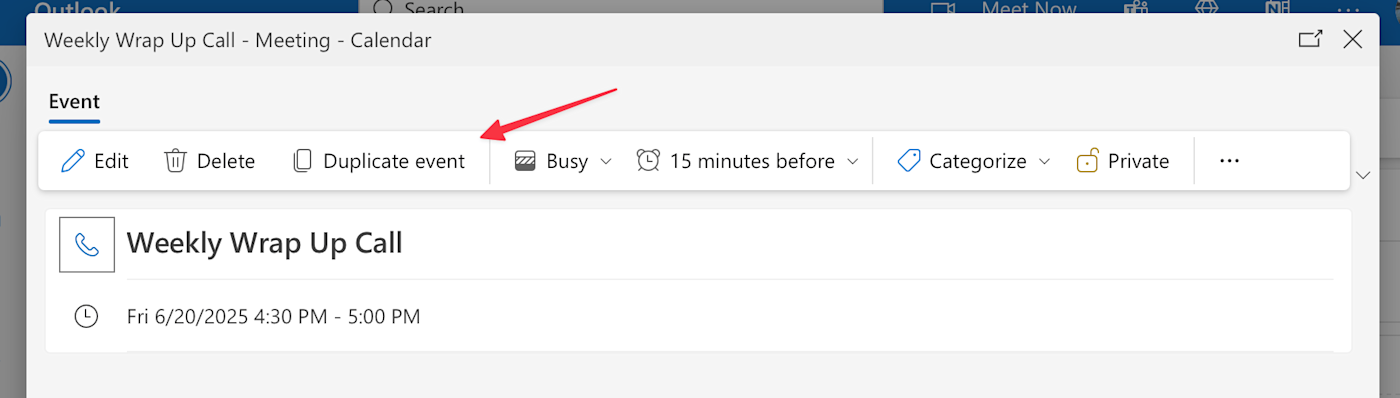 Screenshot of duplicate event button in Outlook