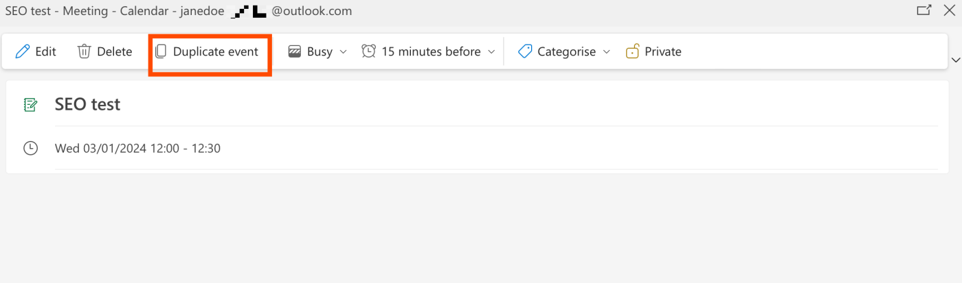 Screenshot of duplicate event button in Outlook