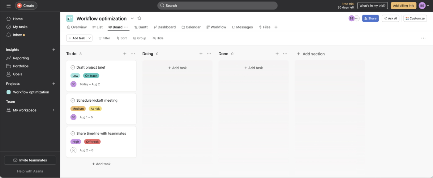 Screenshot of the Asana interface