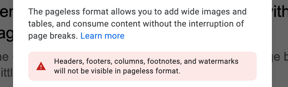 The warning you get before switching to Google Docs pageless format