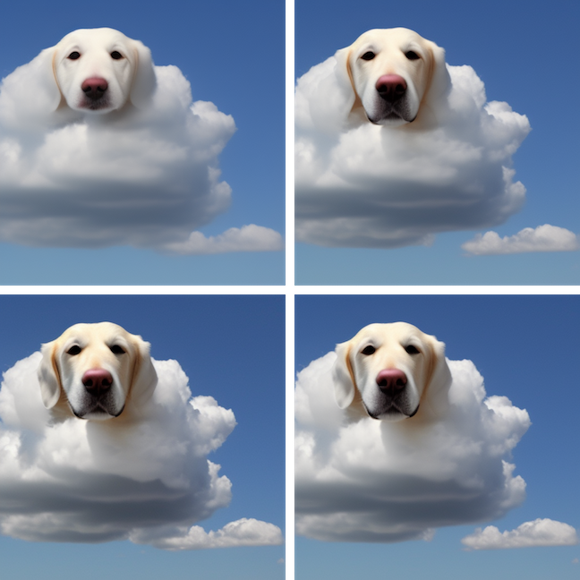 A series of images generated from AI: dog-shaped cloud floating in a clear blue sky