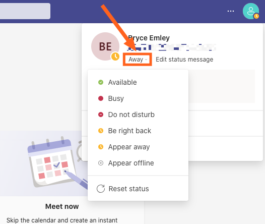 Screenshot of Teams 365 dashboard with dropdown menu showing away status.
