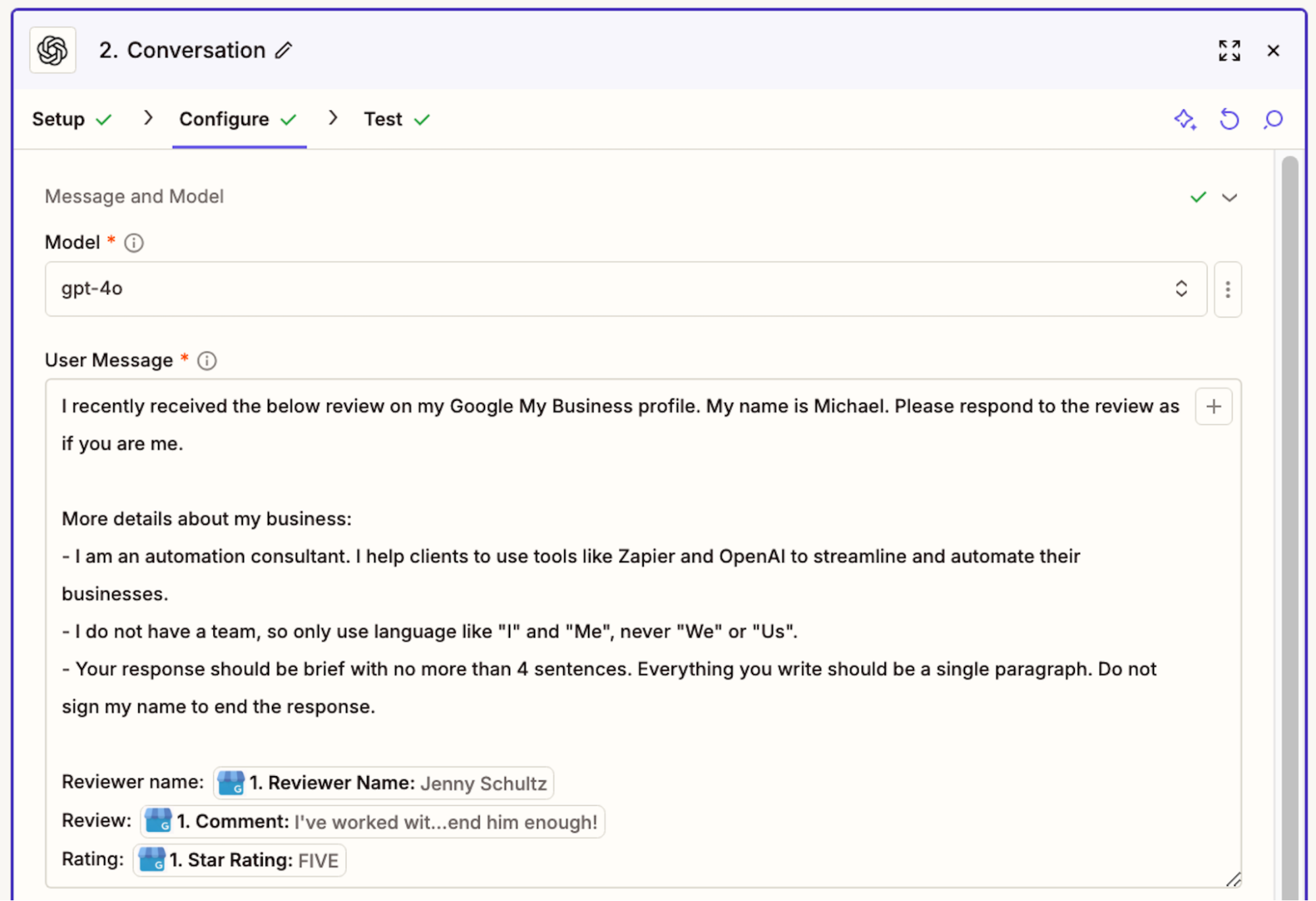 The "New Message" field in a ChatGPT action step in the Zap editor with a prompt added to the field.