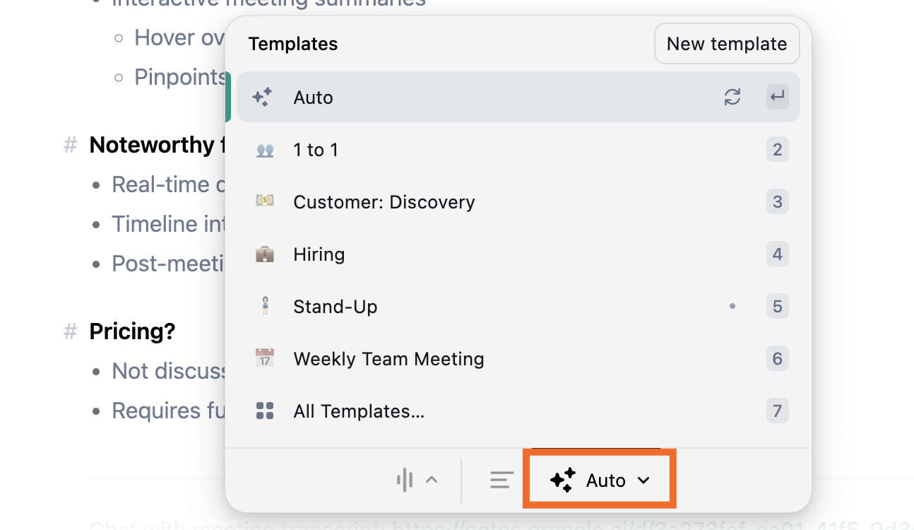 List of existing note templates in Granola.ai.