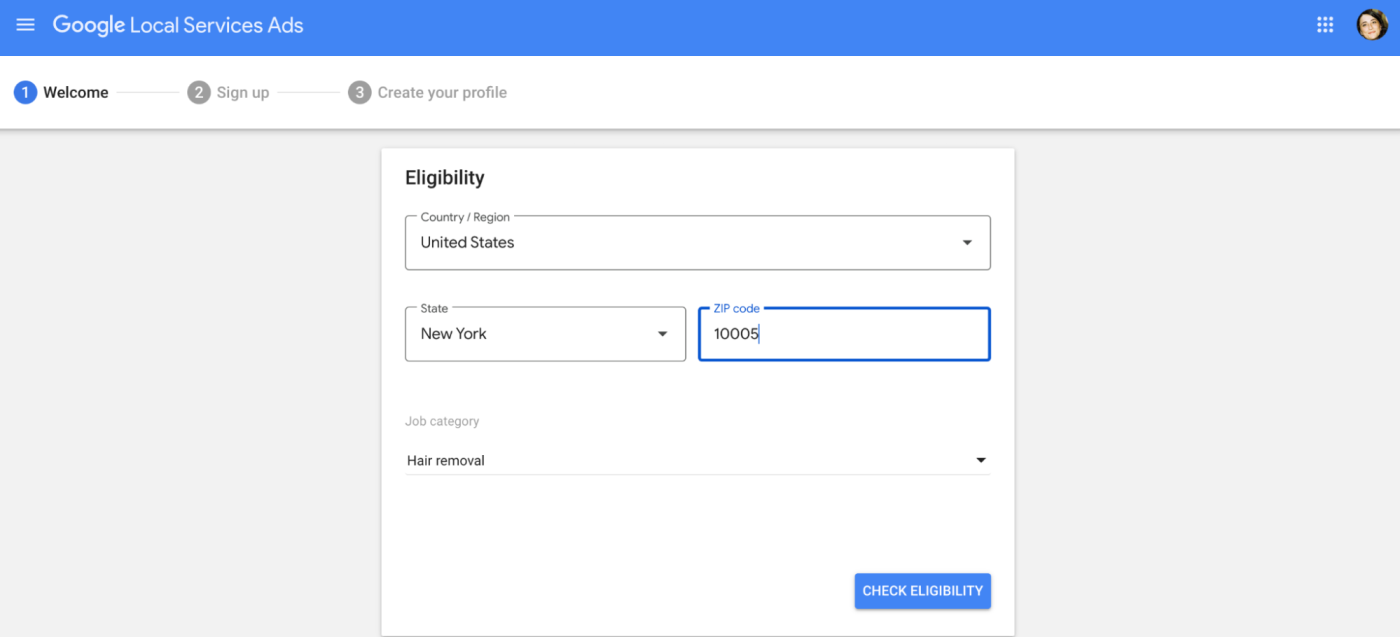 Google Local Services Ads welcome page with a few fields to determine business eligibility. 