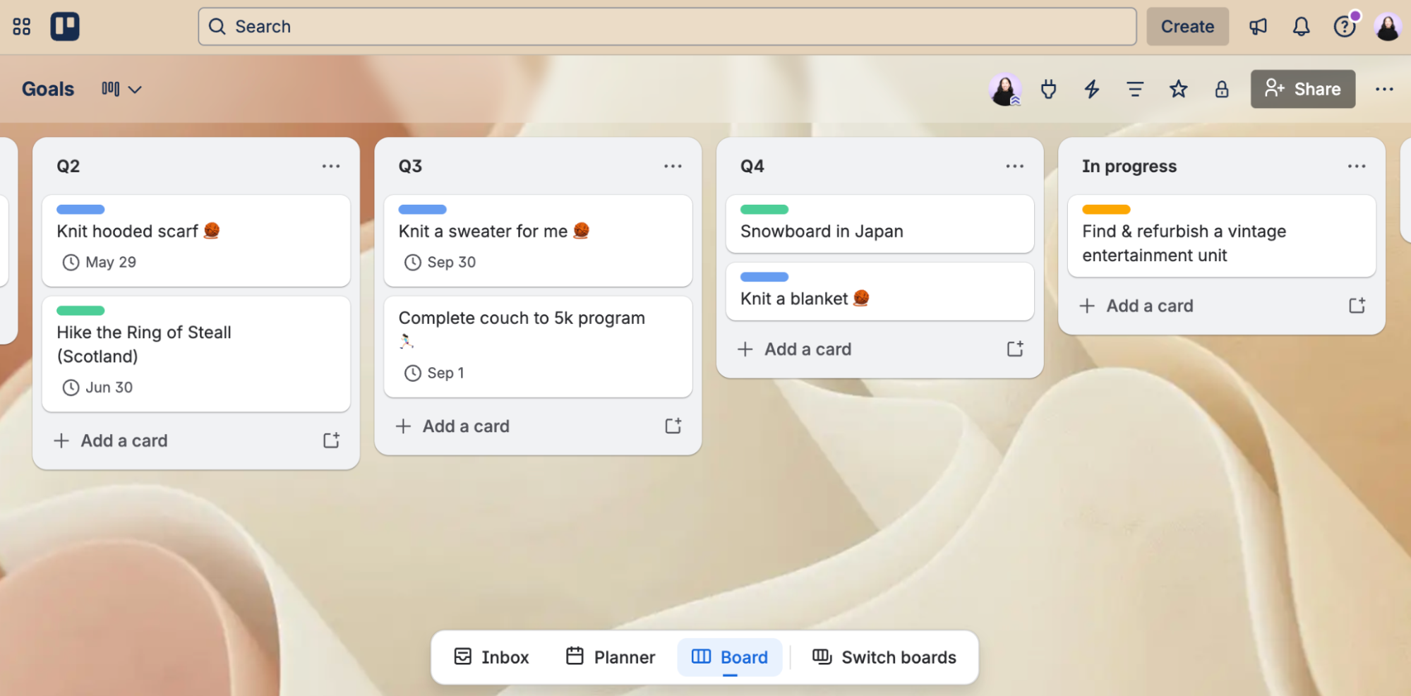 Trello board example for goal tracking.
