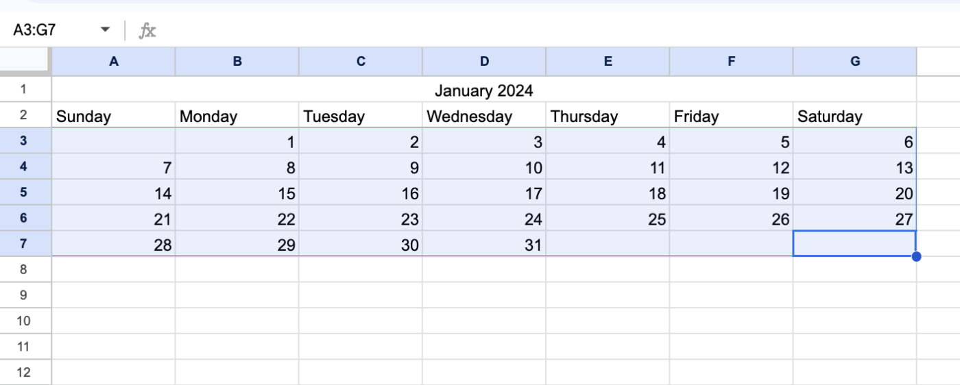 Screenshot showing filled in calendar dates on Google Sheets.