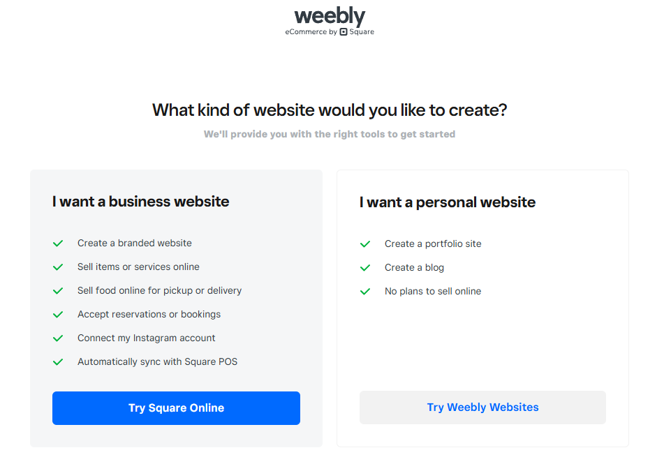 Signing up for Weebly and having the option to choose Square