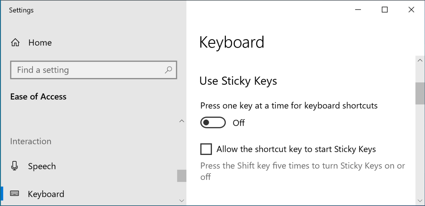 The Sticky Keys settings in Windows 10