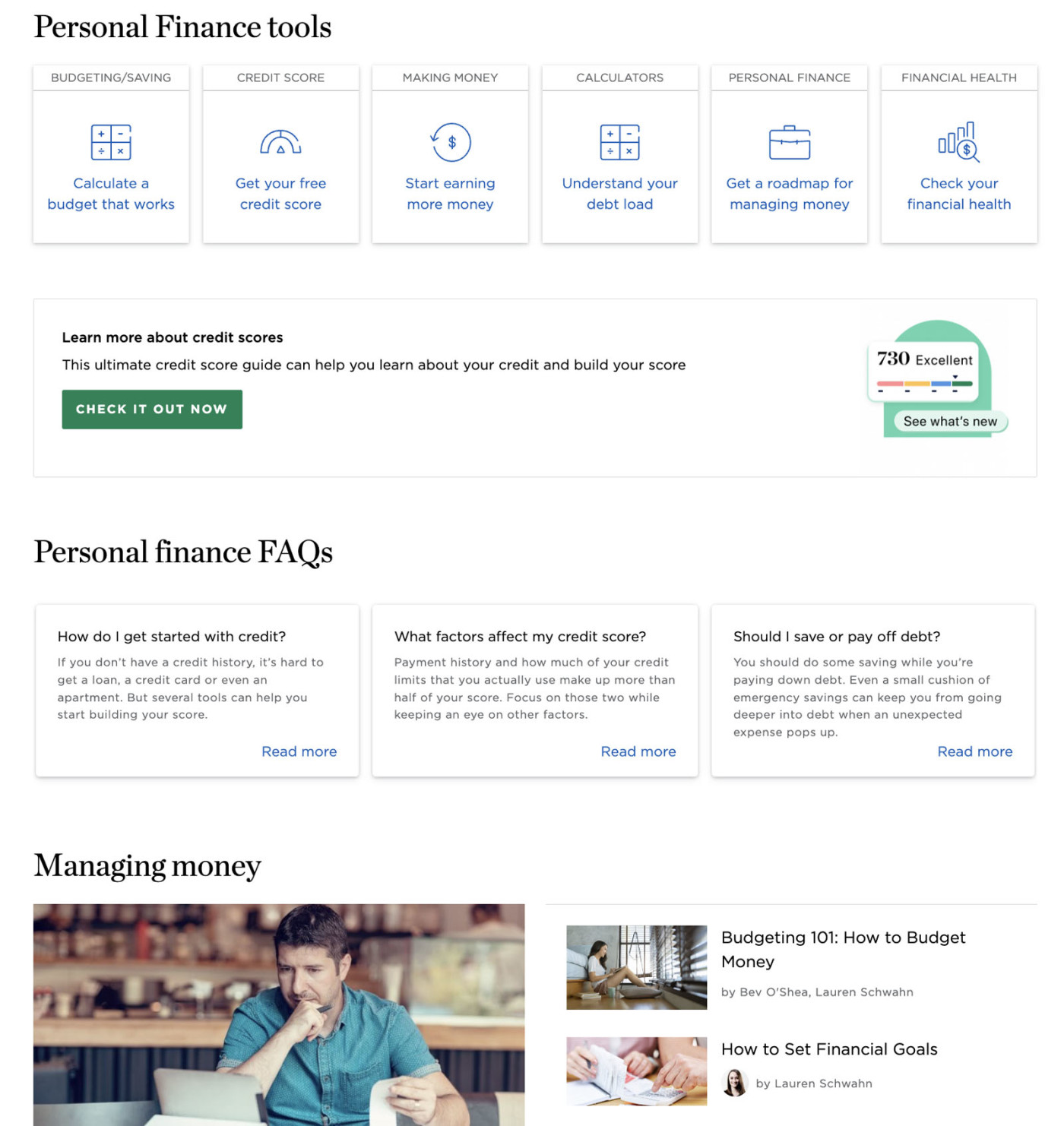 Screenshot of a blog page listing personal finance tools and a personal finance FAQ section.