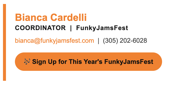 An AI-generated HTML signature for Bianca Cardelli, coordinator of FunkyJamsFest