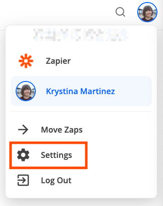 A red box highlights the Settings menu item in Zapier.