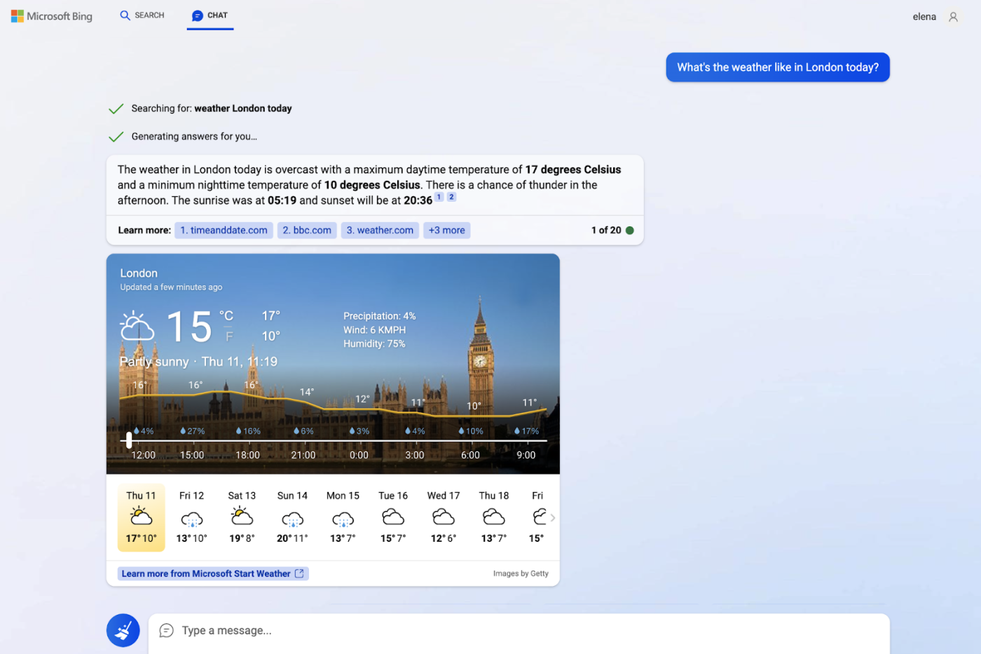 Bing Chat telling the weather in London
