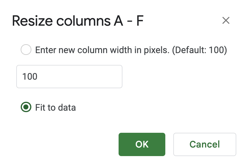 Resize columns popup in Google Sheets.