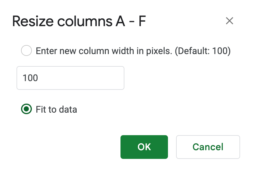 Resize columns popup in Google Sheets.