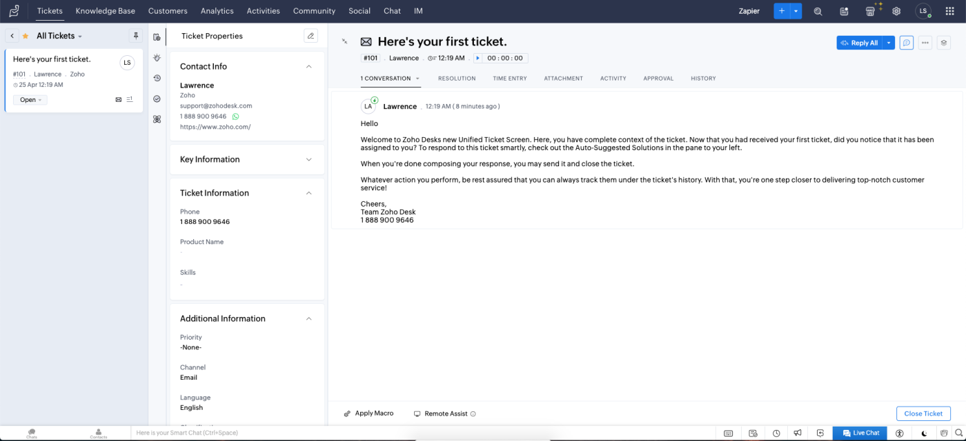 Screenshot of the author showing Zoho Desk’s busy ticket interface.