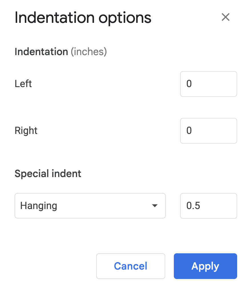 How to do a hanging indent in Google Docs by formatting the indentation options.
