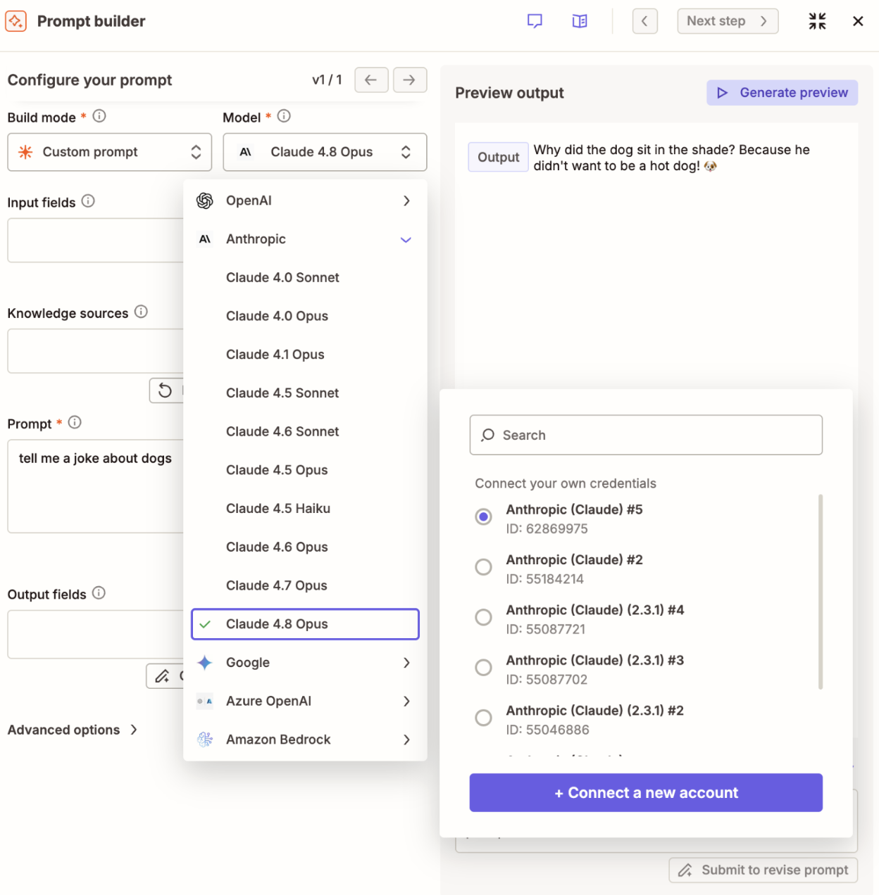 A screenshot of the Zapier MCP prompt builder.