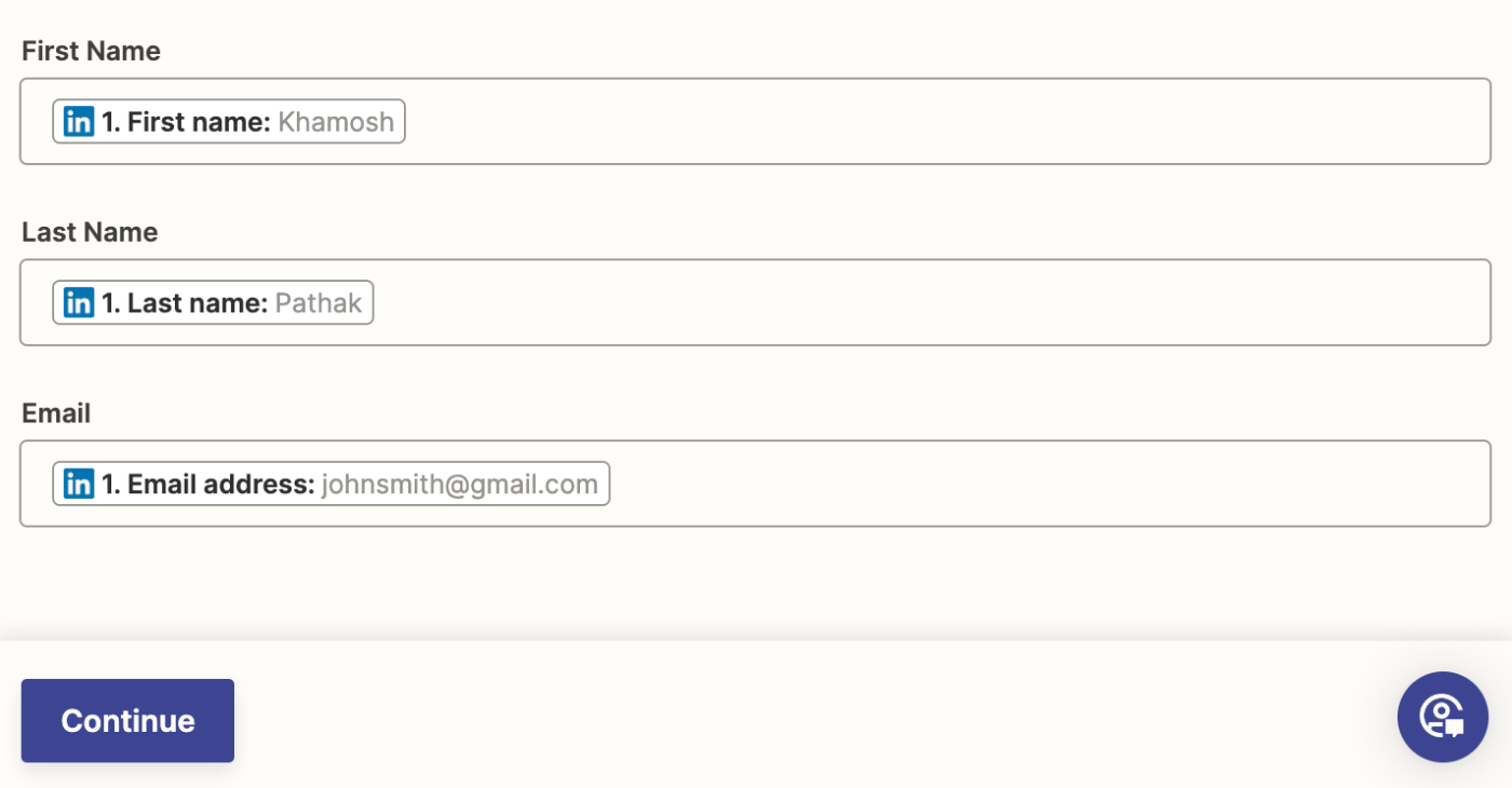 Fields for First Name, Last Name, and Email in the Zap editor.