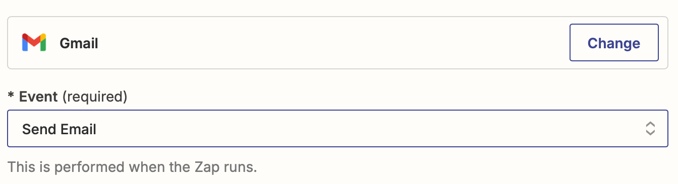 An action step in the Zap editor with Gmail selected for the action app and Send Email selected for the action event.