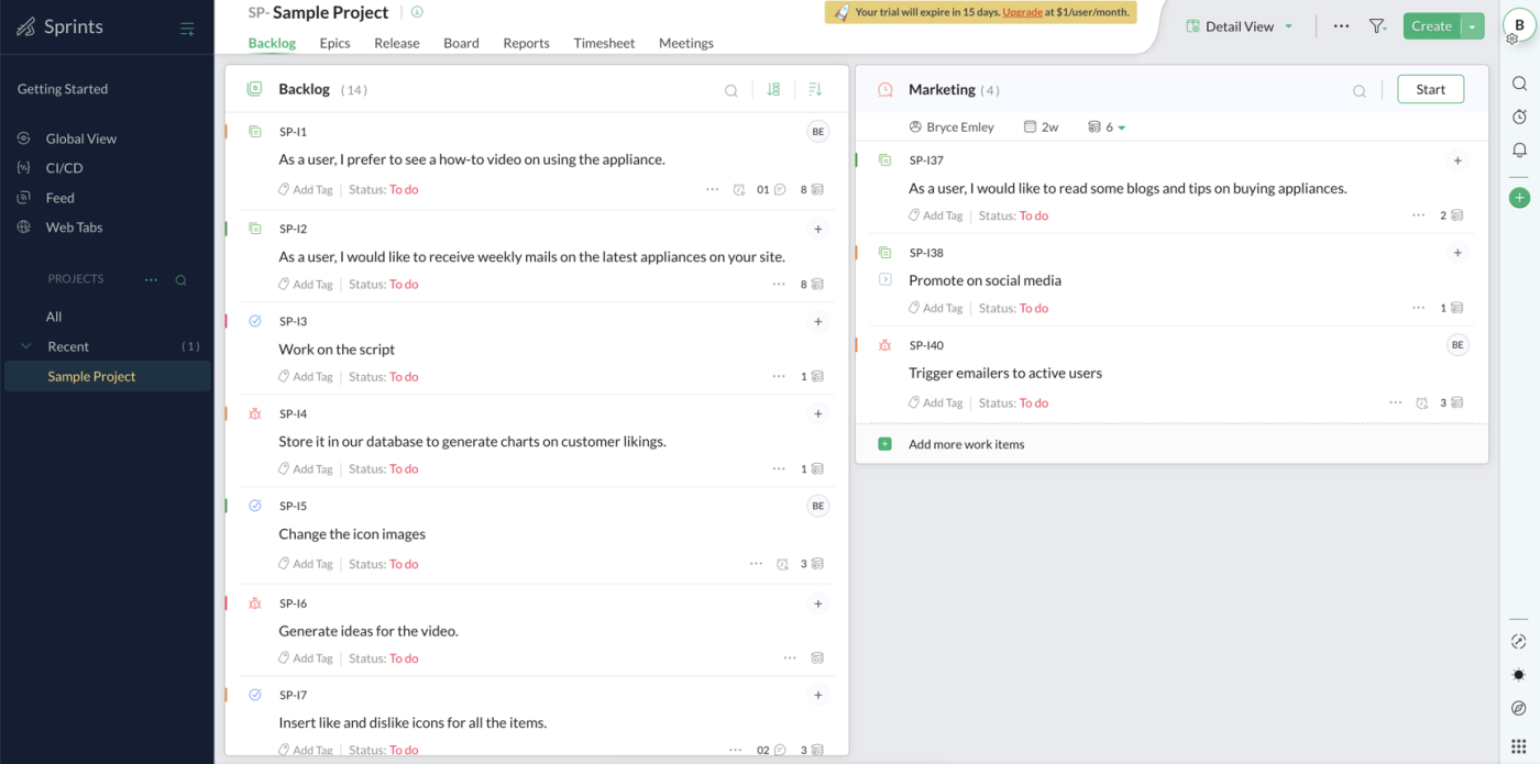 Screenshot of the Zoho Sprints inteface