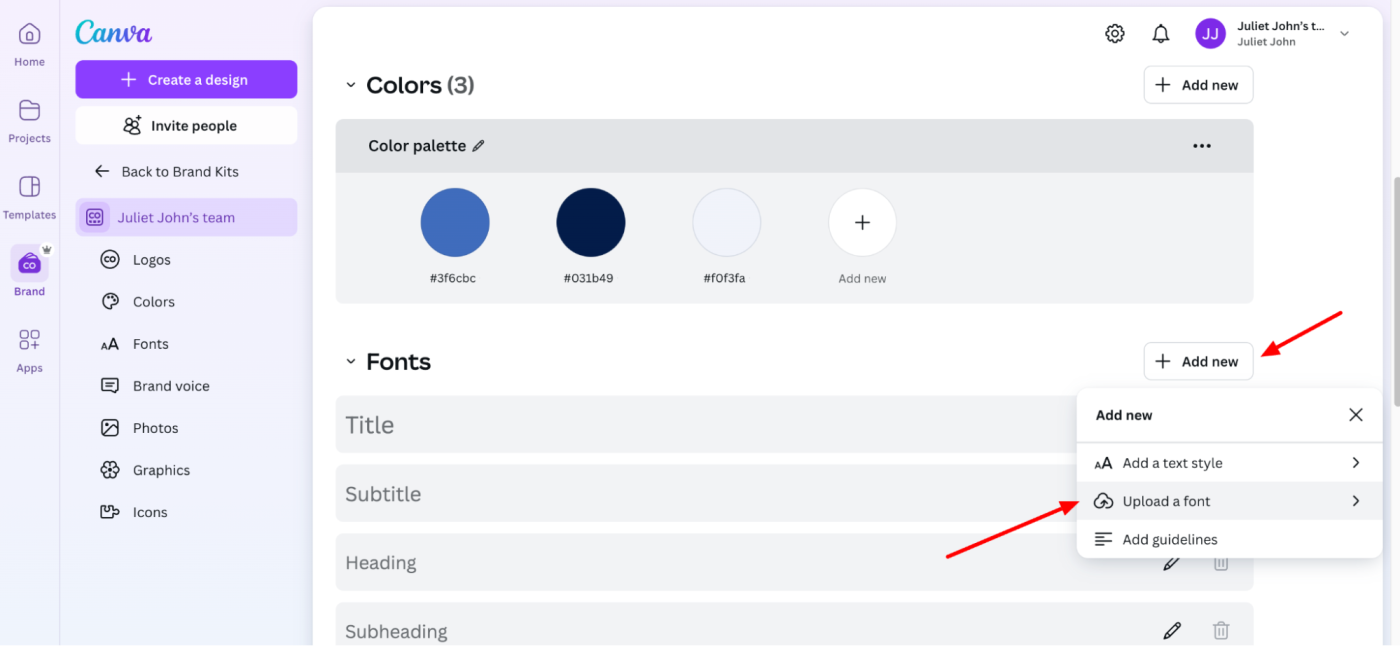 Preview of a brand kit in Canva with arrows pointing to options to upload a new font. 