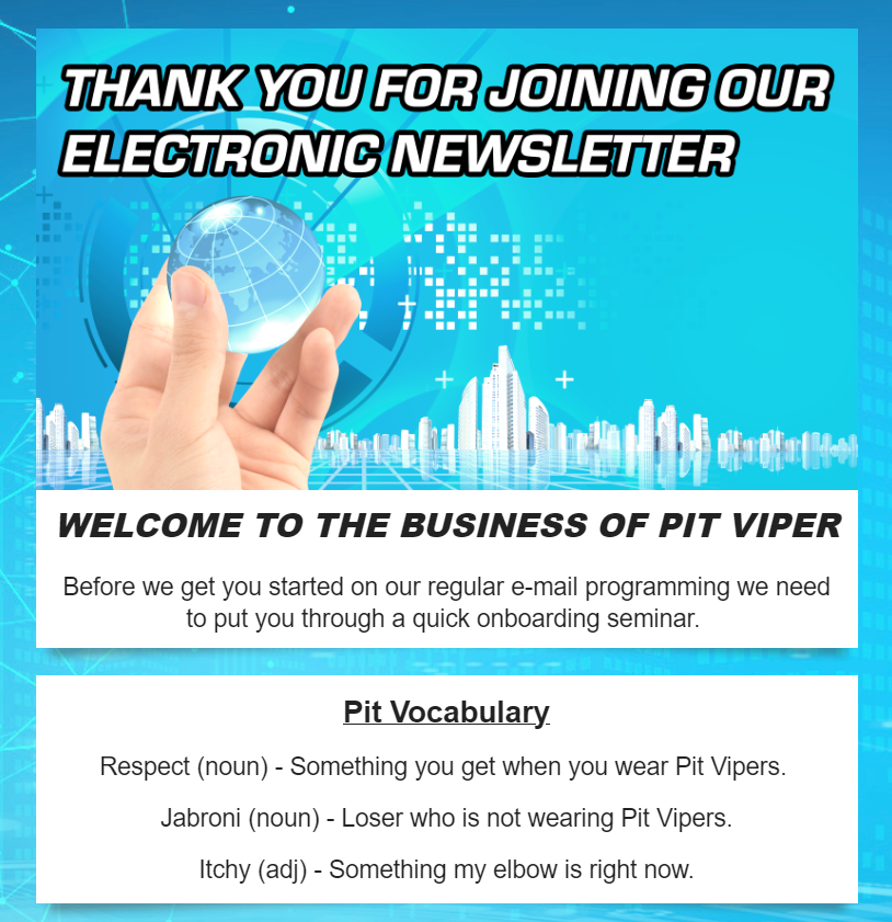 A screenshot of a Pit Viper welcome email 