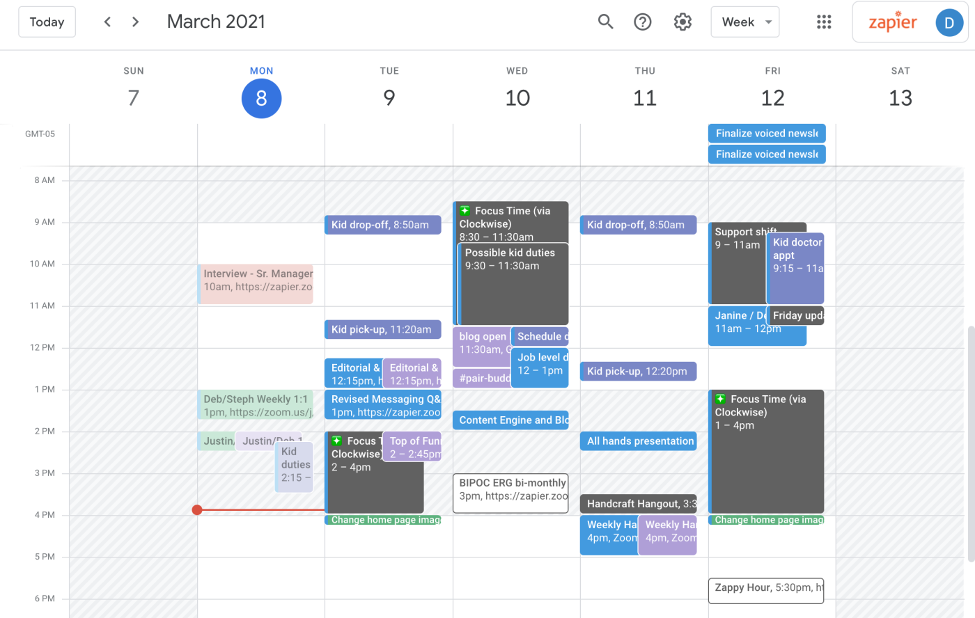A screenshot of a calendar showing working hours; the non-work hours are grayed out