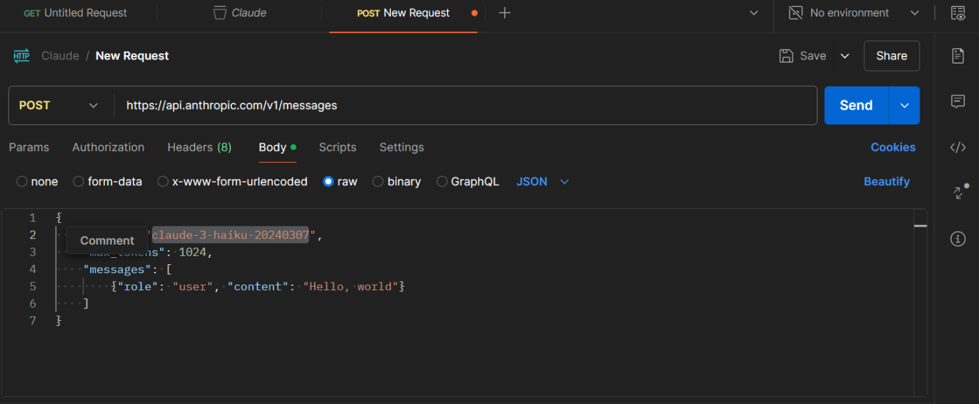 Changing the model in Postman for the Claude API