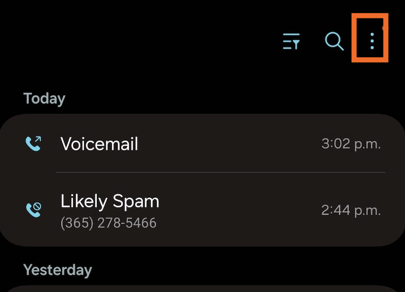 Recent calls list in the phone app of an Android device with the more icon highlighted. 