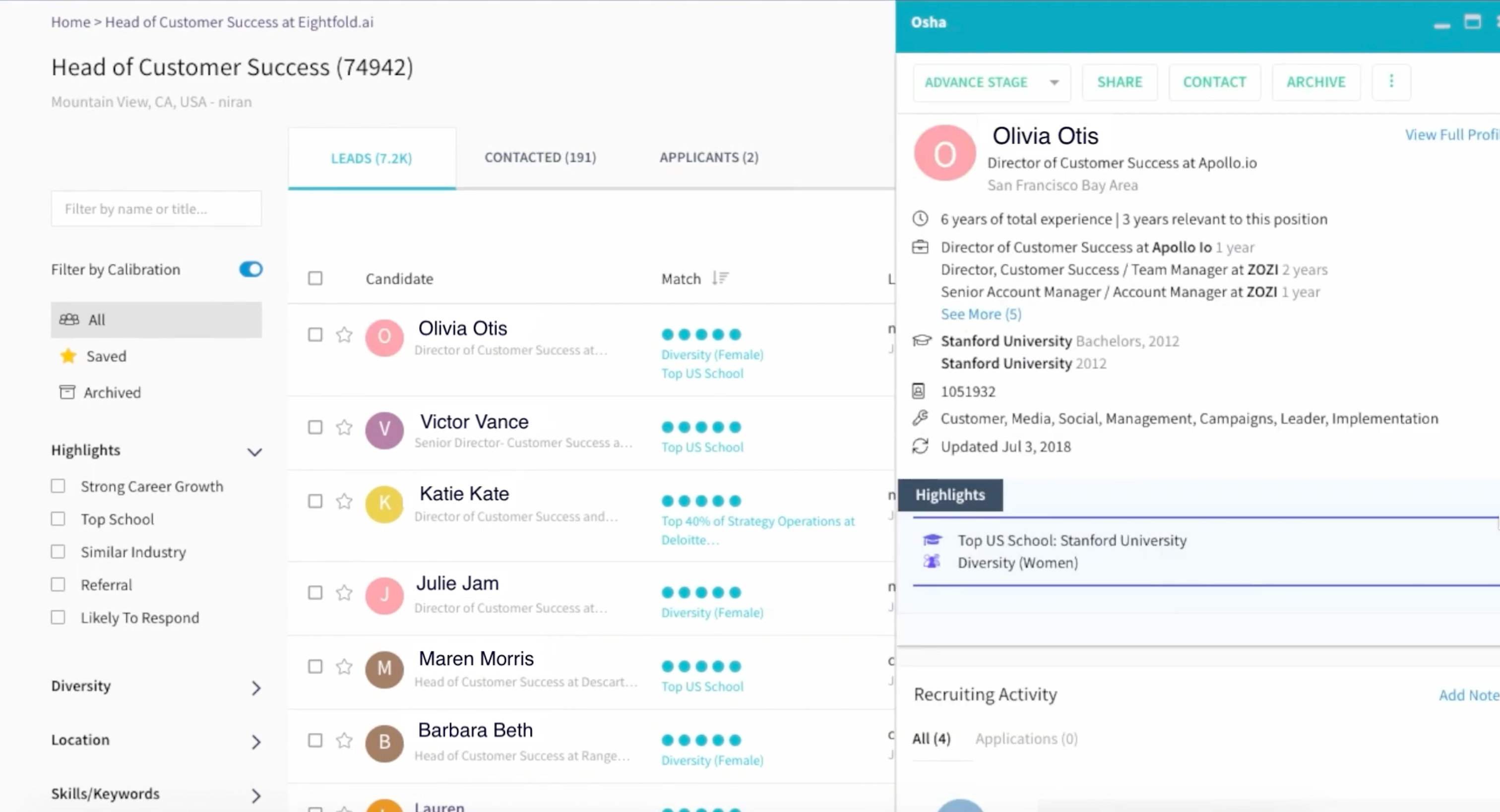 Eightfold recruiting dashboard for a Head of Customer Success role in Mountain View, CA.
