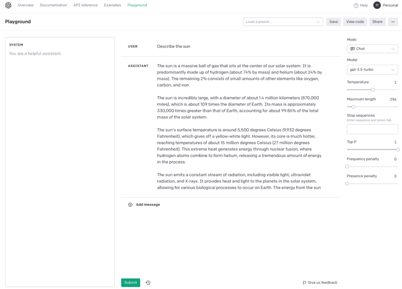 The OpenAI playground with both penalties set to 2