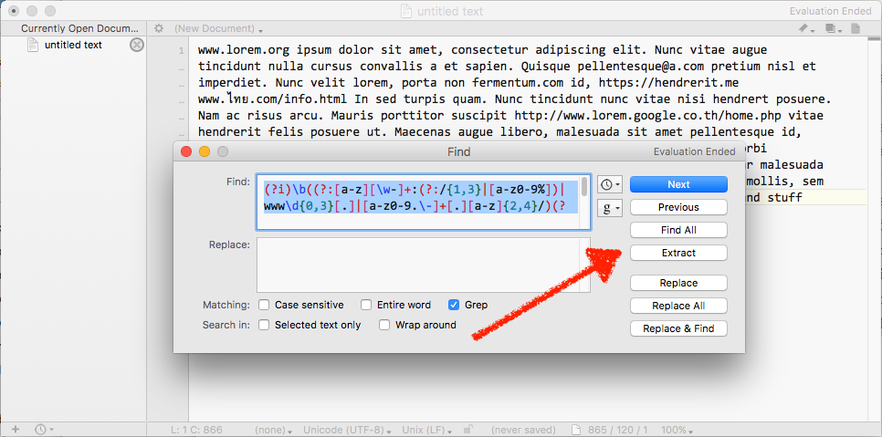BBEdit lets you extract the text regex finds in one click