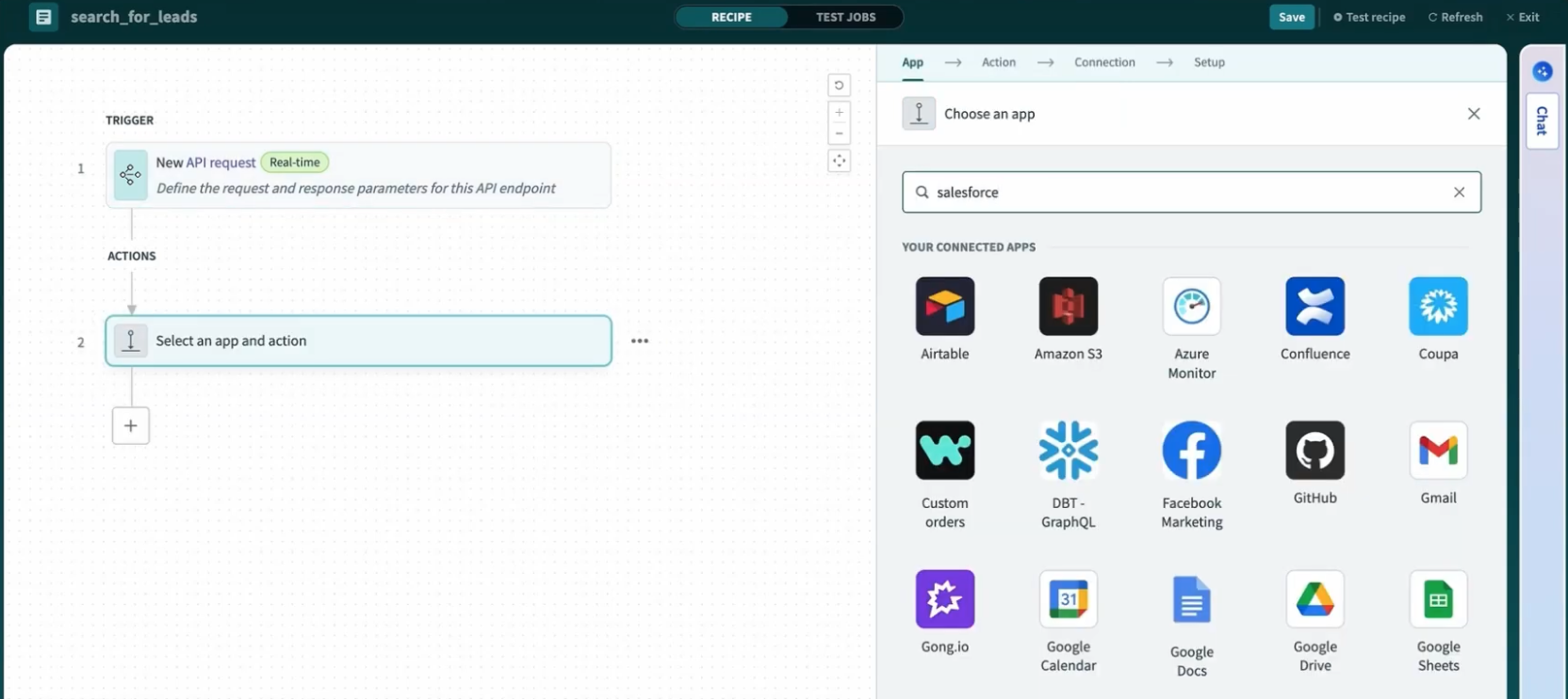 A screenshot of Workato, a business automation software.