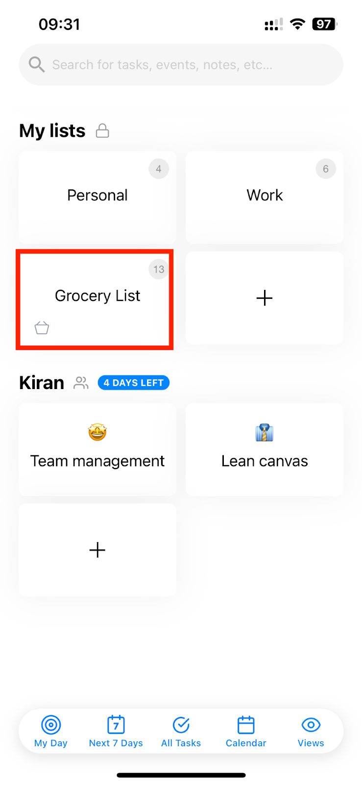 A search bar above a grid view of list categories: Personal, Work, and Grocery list 