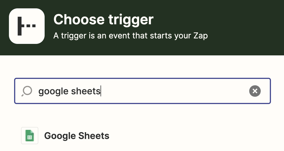 Screenshot of Google Sheets search in Zapier