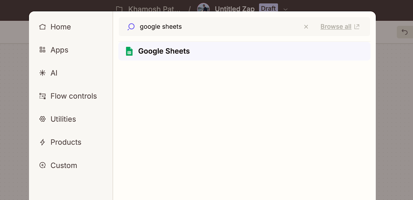 Screenshot of Google Sheets search in Zapier