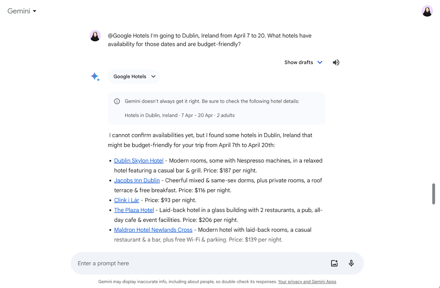 Gemini offers a list of budget-friendly hotels in Dublin, Ireland using the Google Hotels extension.