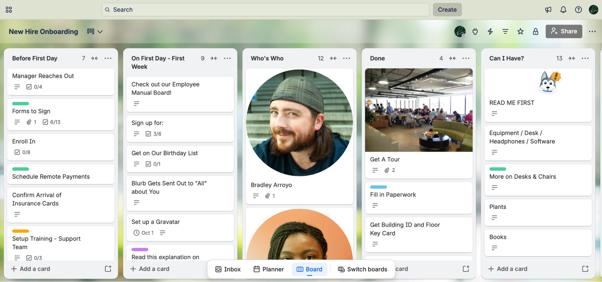 Screenshot of a Trello Kanban board.