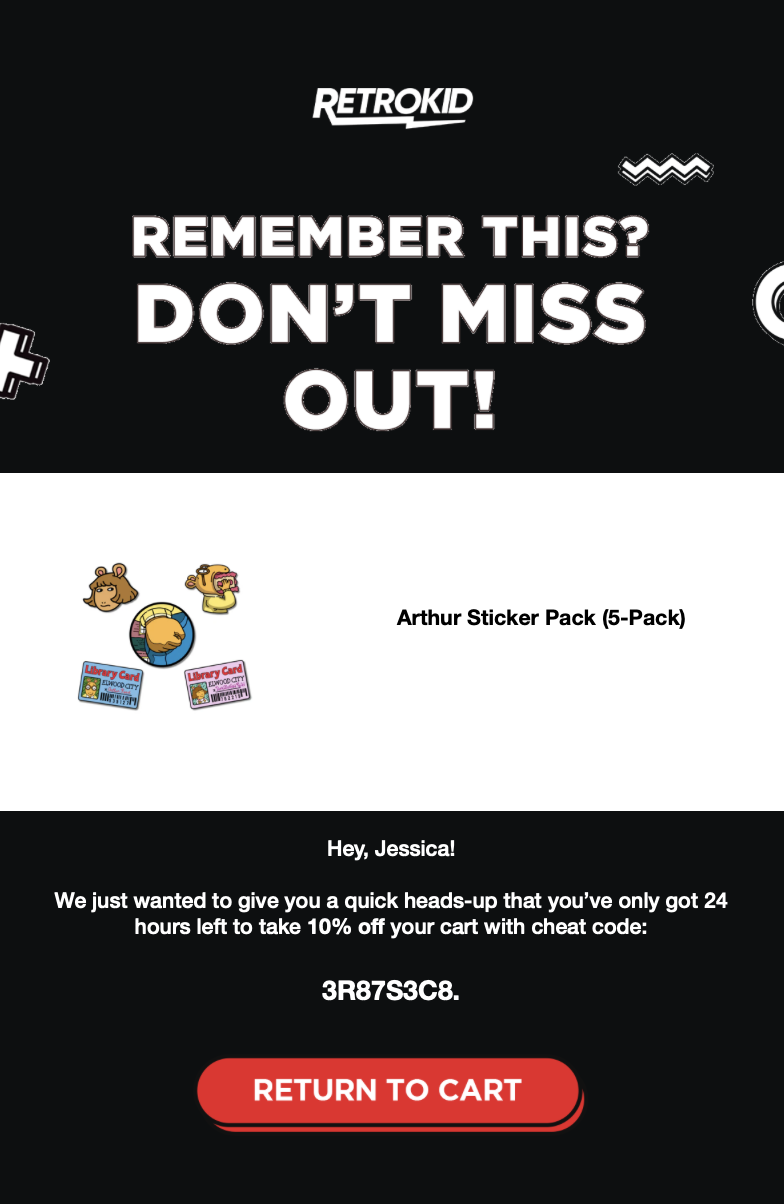 Abandoned cart email from Retrokid.