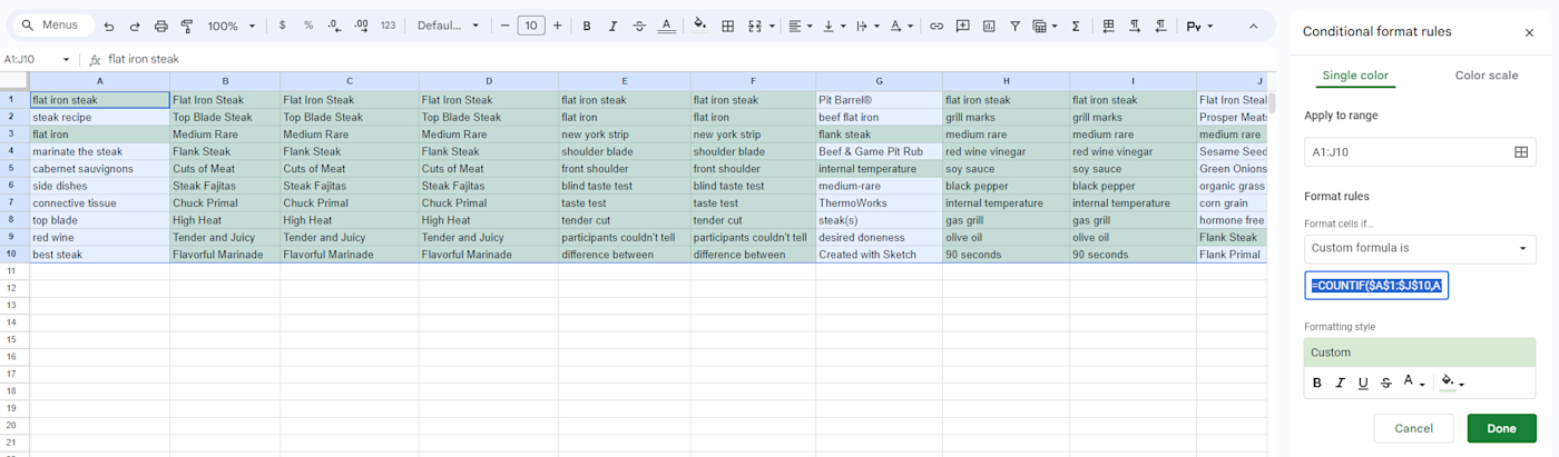 A Google Sheet with columns of keywords with different cells colored blue or green.