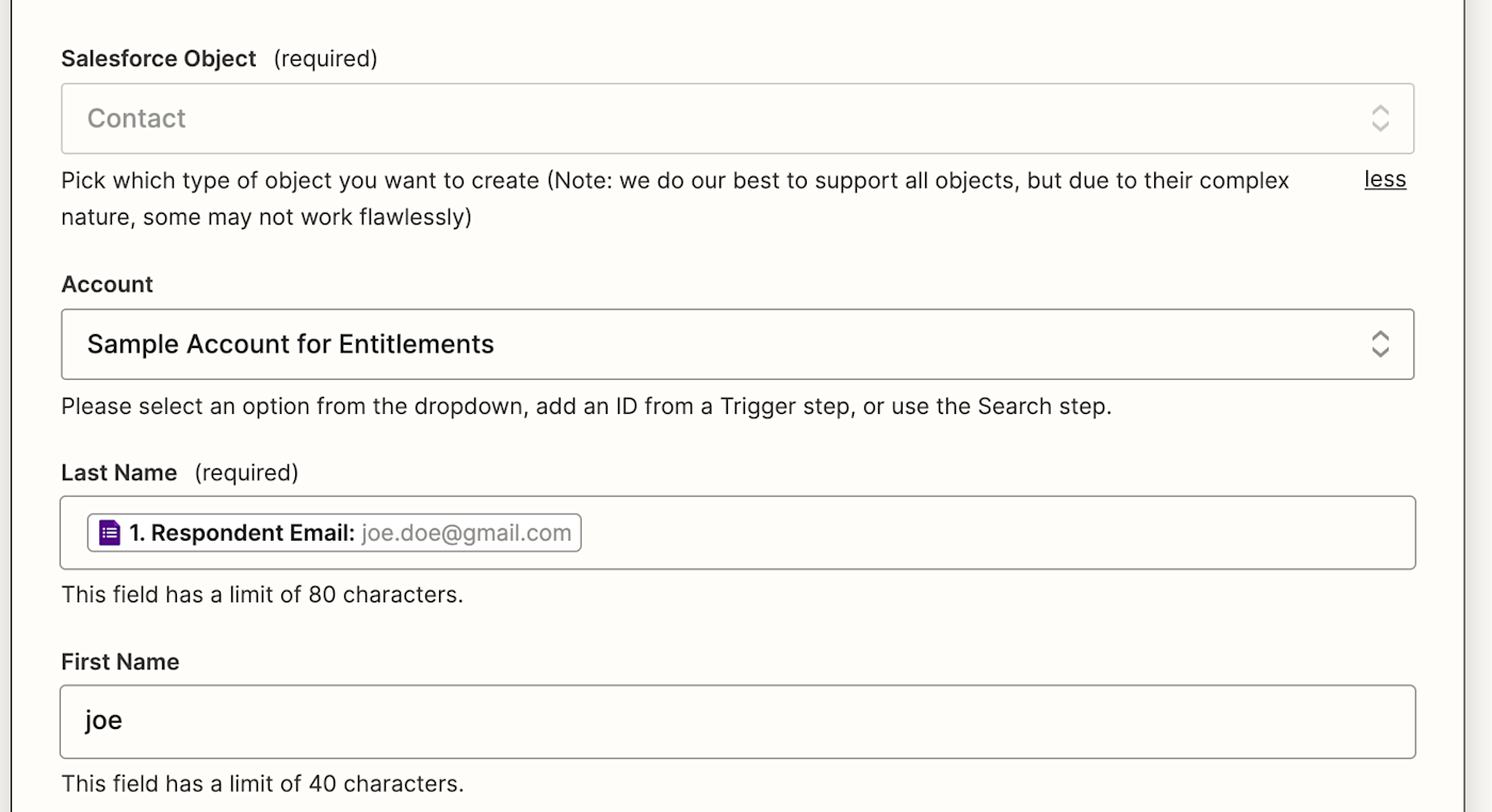 Salesforce fields with text and data entered in them.